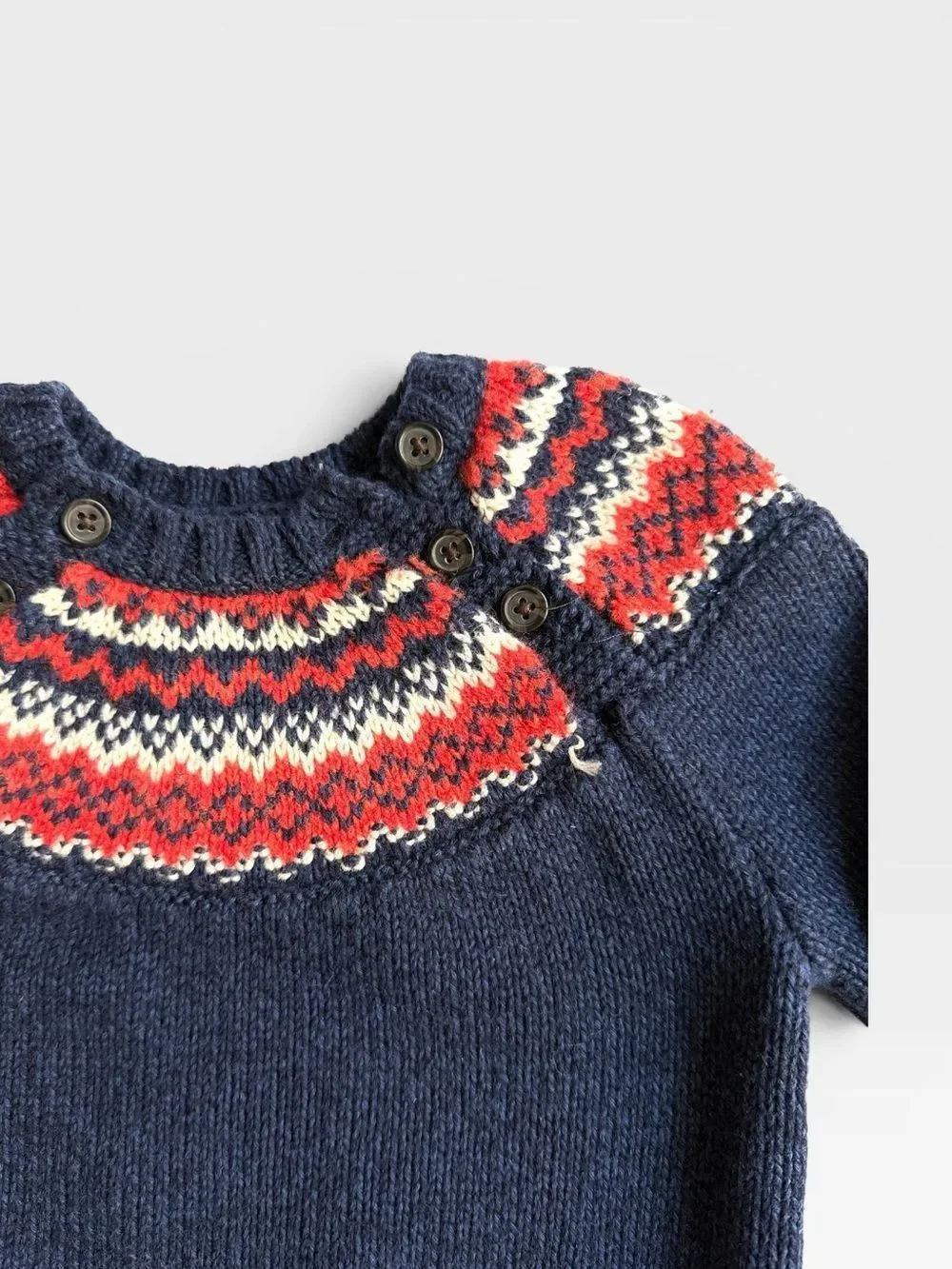 Ralph Lauren Baby Sweater Blue Nordic Fair Isle Button Shoulder 18M Cotton